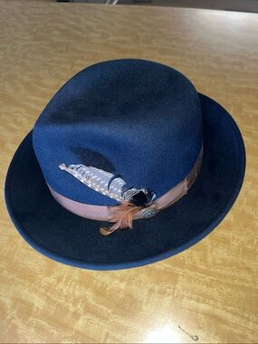 Goorin Bros. “The Doctor” Navy 100% Wool Fedora w/ Brown Band & Feather